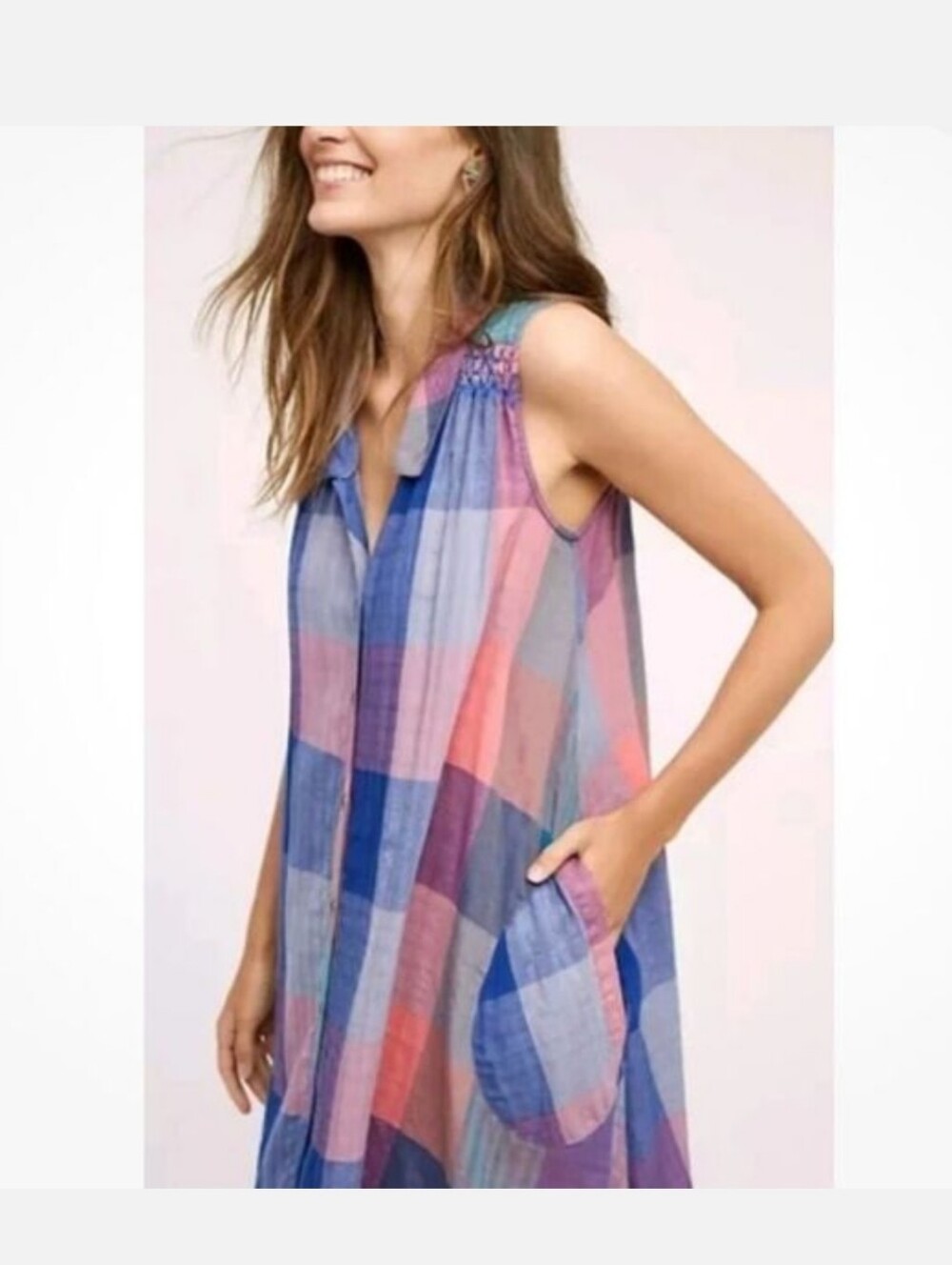 Anthro Holding Horses Shirt Dress Large Plaid Sleeveless A-line Pockets + Slip